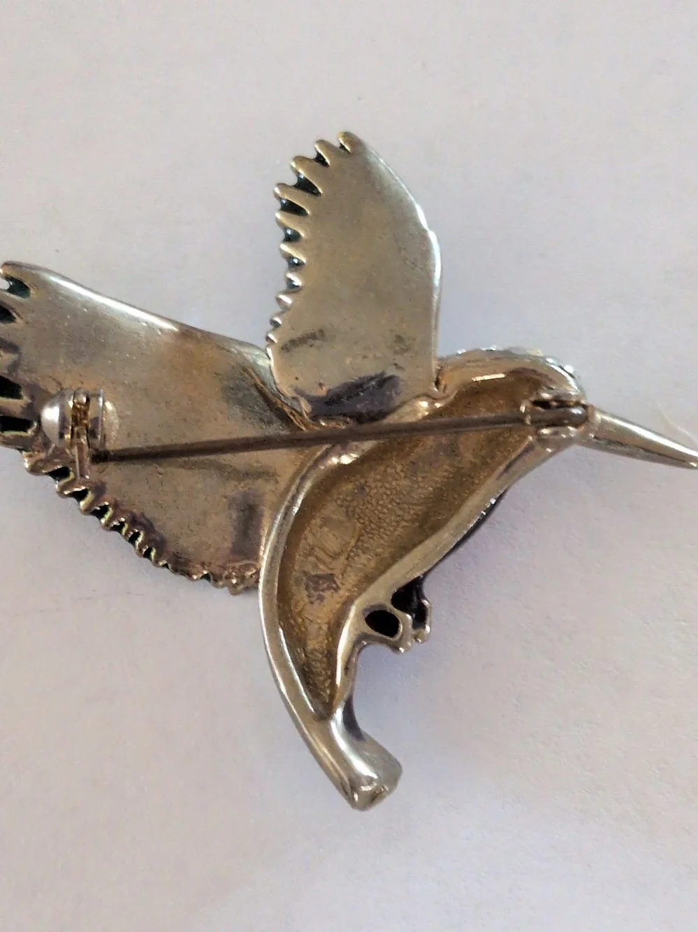 Vintage-Inspired Rhinestone Hummingbird Brooch in Green and Purple